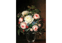 VKZ 411 Johan Laurentz Jensen - Růžové a bílé růže spolu s pomněnkami ve skleněné váze