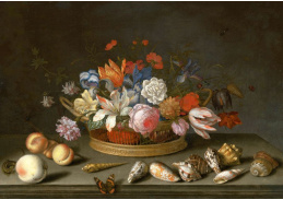 A-1313 Balthasar van der Ast - Tulipány, růže a jiné květiny v košíku na stole, s mušlemi, ovocem, ještěrk