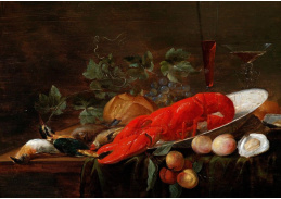 A-1377 Pieter van Overschie - Zátiší s humrem, mrtvými ptáky, ovocem, ústřicemi a chlebem na stole