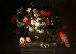A-1380 Simon Hardimé - Zátiší z květin s růžemi, tulipány a hortenzií a s papouškem