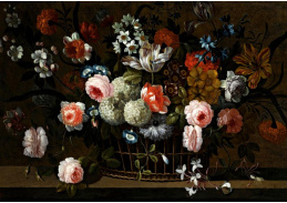 A-1381 Simon Hardimé - Zátiší z růží, narcisů, svlačce, hortenzii a dalších květin v košíku