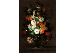 A-1493 Simon Hardimé - Růže, tulipány, svlačec a další květiny ve skleněné váze na římse