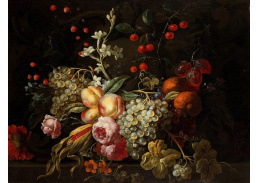 A-1501 Gaspar Pieter Verbruggen - Kdoule, hrozny, třešně a jiné ovoce s růžemi na kamenné římse