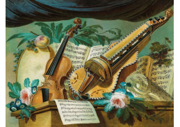 A-1713 Gerke Jans de Jager - Alegorie hudby s houslemi, bubnem, notami a květiny s ovocem na kamenném sokl