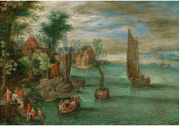 A-2243 Jan Brueghel - Říční krajina s přívozem a plachetnicemi