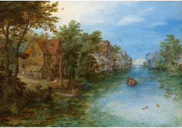 A-2245 Jan Brueghel - Vesnický kanál s postavami, čluny a molem