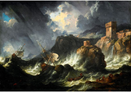 A-2399 Matthieu van Plattenberg - Lodě ztroskotané v bouři u skalnatého pobřeží s postavami ve člunu