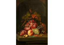 A-7707 Abraham Mignon - Zátiší z ovoce s hrozny, broskve a ořech v kamenném výklenku
