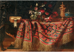 D-5974 Neznámý autor - Květiny v koši, sklenice, kytara a přehozený červený koberec na stole