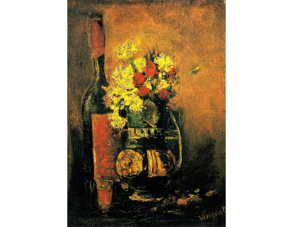 R2-499 Vincent van Gogh - Váza s bílými karafiáty, růže a láhev