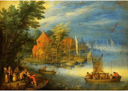 BRG-09 Jan Brueghel - Městečko na břehu široké řeky s připlouvající lodí