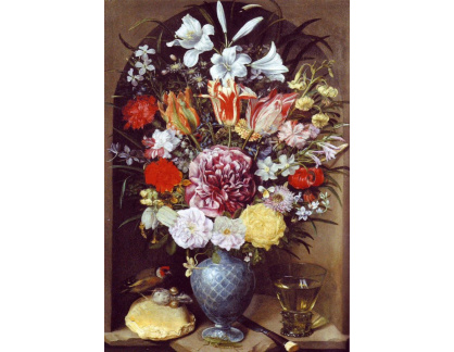 VN-271 Georg Flegel - Zátiší s květinami, ptákem a sklenicí ve výklenku