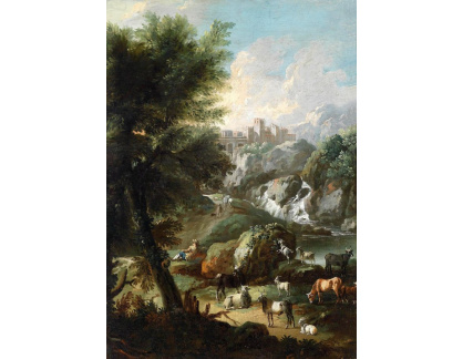 VN-309 Johann Melchior Roos - Krajinomalba s hradem, vodopádem a stádem dobytka