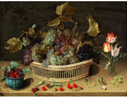 DDSO-707 Isaac Soreau - Zátiší s ovocem a květinami s hrozny v proutěném koši