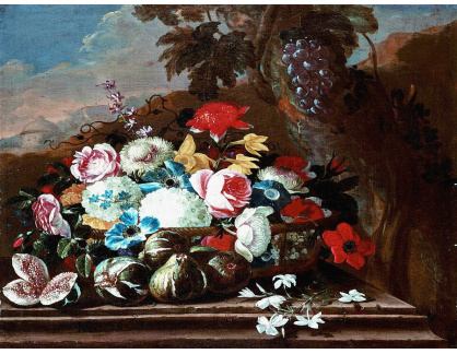 SO X DDSO-1432 Marco de Caro - Zátiší s květinami ve váze a ovoce na římse