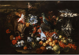 VSO 700 Neznámý autor - Zátiší s květinami, ovocem, slavnostními pokrmy a papouškem