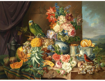 SO XIII-341 Josef Schuster - Zátiší s květinami, ovocem a papouškem