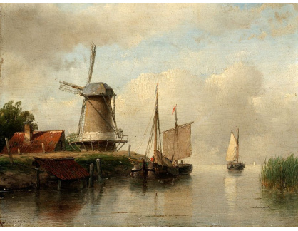 SO XVI-162 Andreas Schelfhout - Holandské lodě kotvící na řece vedle větrného mlýna