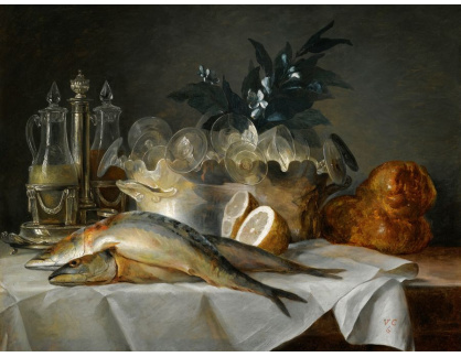 SO XVI-180 Anne-Vallayer-Coster - Zátiší s makrelou, sklem, bochníkem chleba a citrony na stole s bílým ubruse