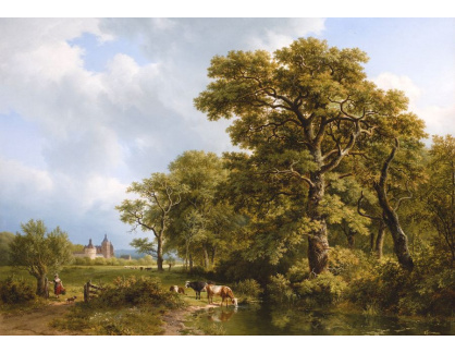 SO XVI-295 Barend Cornelis Koekkoek - Letní krajina s kravami a hradem v dálce