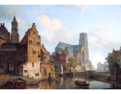 SO XVI-426 Cornelis Springer - Pohled na Delftsevaart s kostelem svatého Vavřince v Rotterdamu