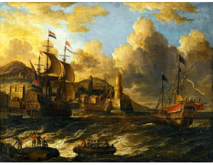 KO III-352 Pieter van de Velde - Holandské lodě na moři u pobřeží opevněného města