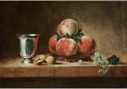 KO IV-128 Jean Simeon Chardin - Zátiší s broskvemi, stříbrným pohárem, hroznovým vínem a  vlašskými ořechy