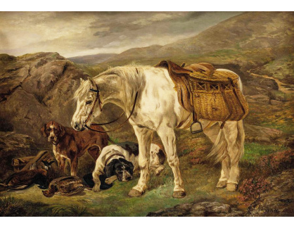 KO VI-21 Neznámý autor - Kůň, lovecké psy a ulovení bažanti v horské krajině