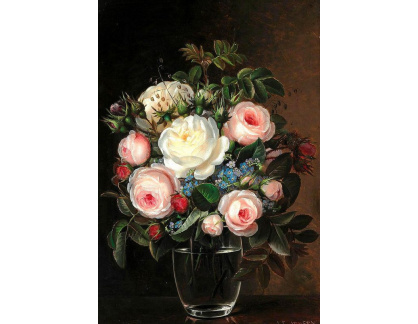VKZ 411 Johan Laurentz Jensen - Růžové a bílé růže spolu s pomněnkami ve skleněné váze