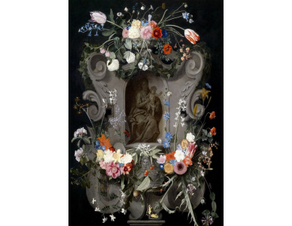 VKZ 445 Jan van Kessel - Kartuše zdobená květinami s reliéfem Panny Marie s dítětem