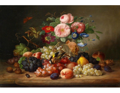 VKZ 253 Georg Seitz - Zátiší s květinami, ovocem, ptáčkem a motýlem
