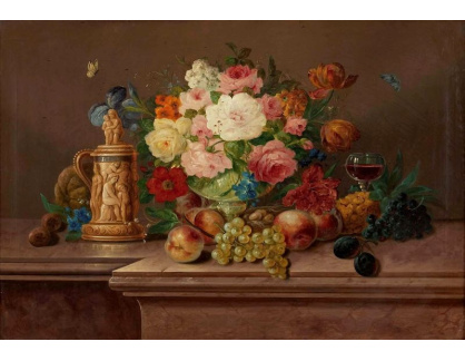 VKZ 300 Josef Julius Durst - Zátiší s květinami a ovocem, džbán ze slonoviny a sklenice na víno 
