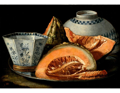 VZ080 Cristoforo Munari - Zátiší s melounem a osmihranný modrobílý pohár