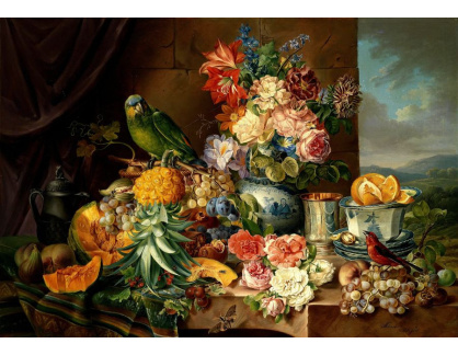VZ245 Josef Schuster - Zátiší s ovocem, květinami a papouškem