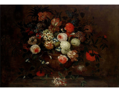 A-1379 Simon Hardimé - Zátiší s růžemi, narcisy a dalšími květinami v kameninové váze