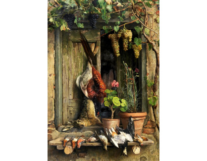 A-1391 Aurelio Zingoni - Zátiší s ptáky, zajícem, hřebíčkem a pelargoniem v květináči pod révou
