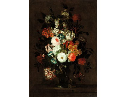 A-1493 Simon Hardimé - Růže, tulipány, svlačec a další květiny ve skleněné váze na římse