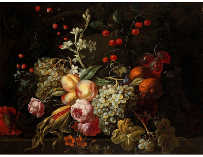 A-1501 Gaspar Pieter Verbruggen - Kdoule, hrozny, třešně a jiné ovoce s růžemi na kamenné římse