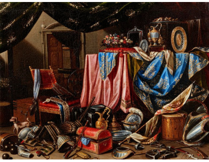 A-1662 Carlo Manieri - Interiér se závěsy, květinami, vázami, brněním, zbraněmi, vlajkami a malým psem