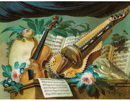 A-1713 Gerke Jans de Jager - Alegorie hudby s houslemi, bubnem, notami a květiny s ovocem na kamenném sokl
