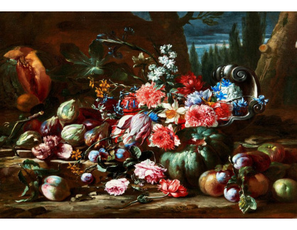 A-1850 Abraham Brueghel - Tulipány, narcisy, růže a jiné květiny s různým ovocem a stříbrnou vázou