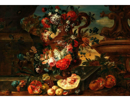 A-2217 Jacob Melchior Herck - Květy ve  váze s granátovými jablky a melounem u kamenné římsy