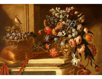 A-2309 Johann Adalbert Angermeyer - Květiny ve váze a košíku se švestkami a ptáčkem