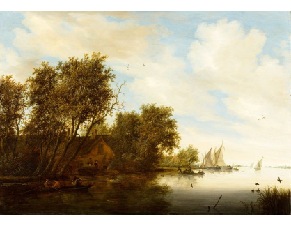 A-2501 Salomon van Ruysdael - Výhled na řeku s mužem lovícím kachny