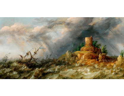 A-2555 Abraham Willaerts - Lodě v bouři před skalnatým pobřežím