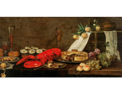 A-2580 Frans Ykens - Humr, ústřice, paštika, ovoce a sklenice naplněné vínem na stole
