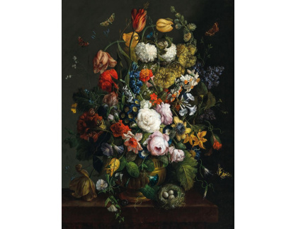 A-2660 Johann Baptist Drechsler - Tulipány, narcisy, růže a jiné květiny ve váze na kamenné římse s motýly