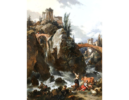A-2666 Nicolaes Berchem - Krajina s vodopádem a chrámem Sibyly v Tivoli