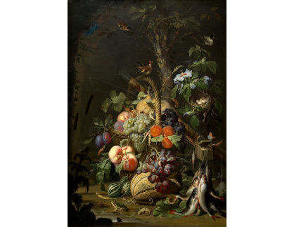 A-2684 Abraham Mignon - Zátiší s ovocem, rybami a hnízdem