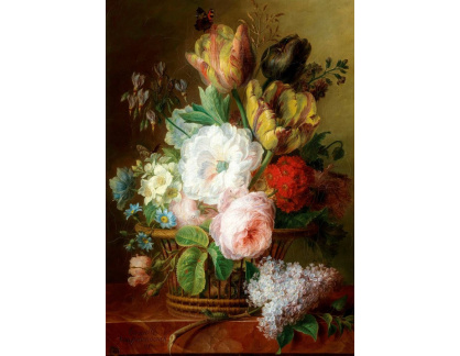 A-2760 Cornelis Van Spaendonck - Zátiší s růžemi, tulipány a šeříky v košíku na mramorové desce
